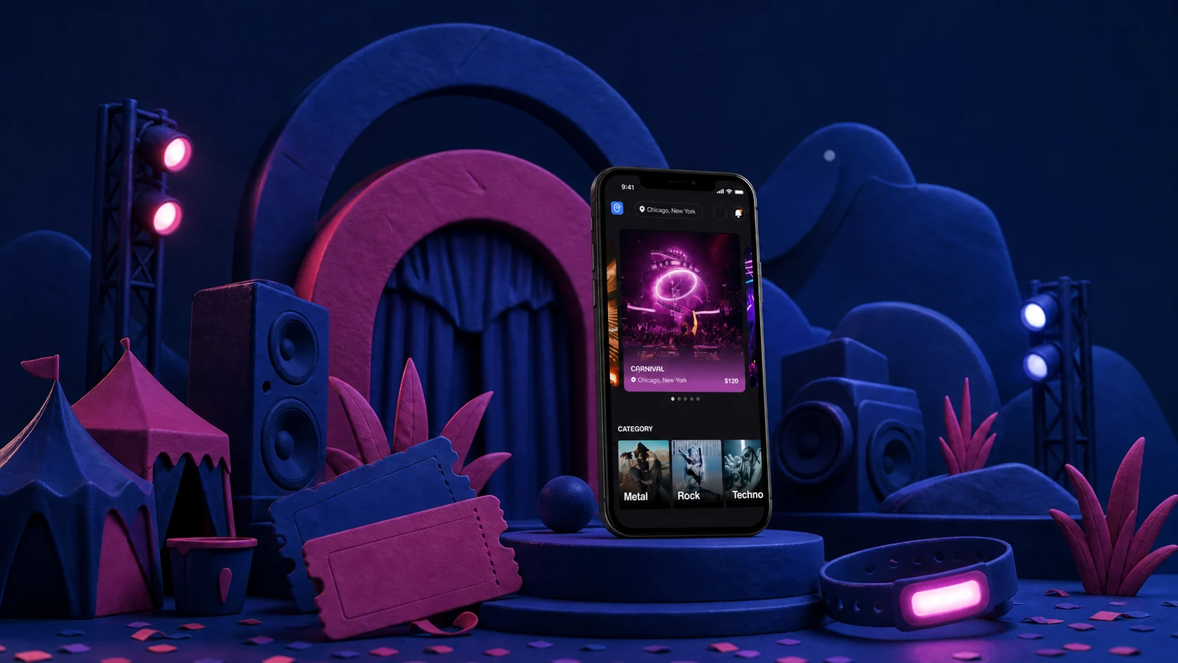Écran d’accueil de l’application Befest dans un décor de festival nocturne