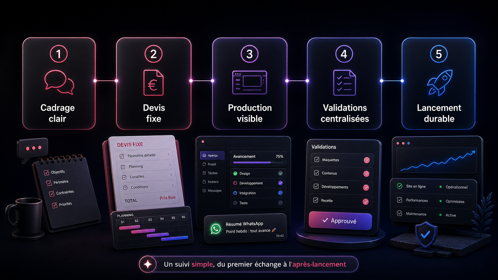 Infographie du deroulement d'un projet avec cadrage clair, devis fixe, production visible, validations centralisees et lancement durable